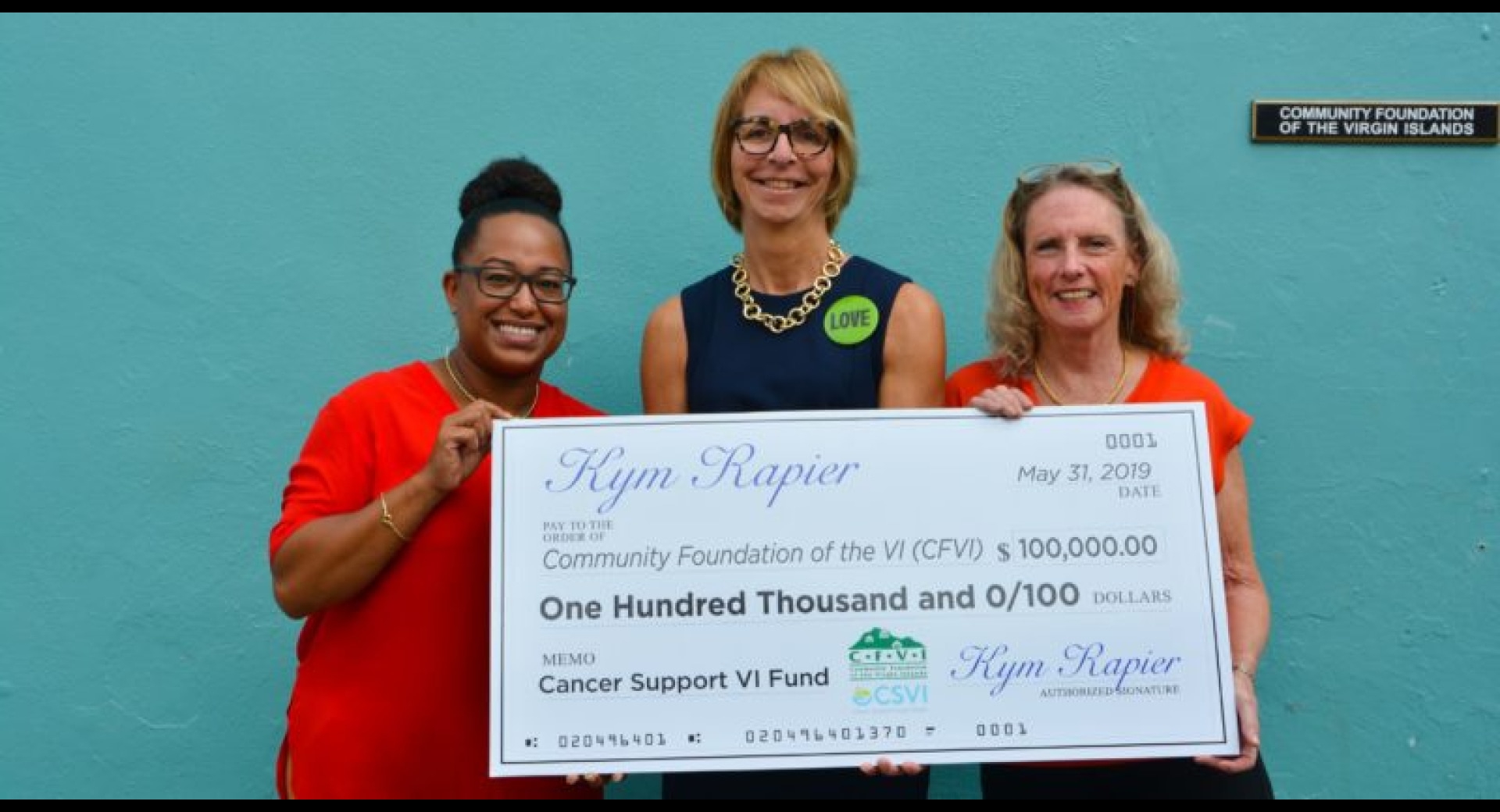 CFVI Receives $100,000 Donation for Cancer Support Virgin Islands from Generous Donor Kym Rapier