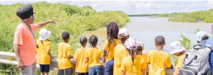 Kids with teacher looking at river